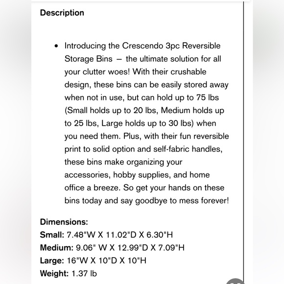 NWT lug Crescendo Home, color Very Berry Blue. 3 piece reversible storage bin - Picture 5 of 5